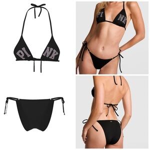 VS PINK 2 PIECE STRING BIKINI SWIMSUIT IN SOLID BLACK WITH LOGO IN BLING XS-XXL
